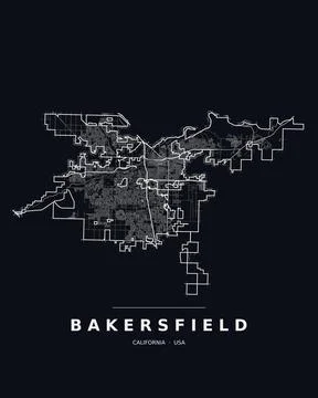 Bakersfield CA Street Map Road Network Highways Dark Mode Editable Vector Stock Illustration