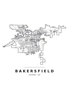 Bakersfield CA Street Map Road Network Highways Black White Editable Vector Stock Illustration