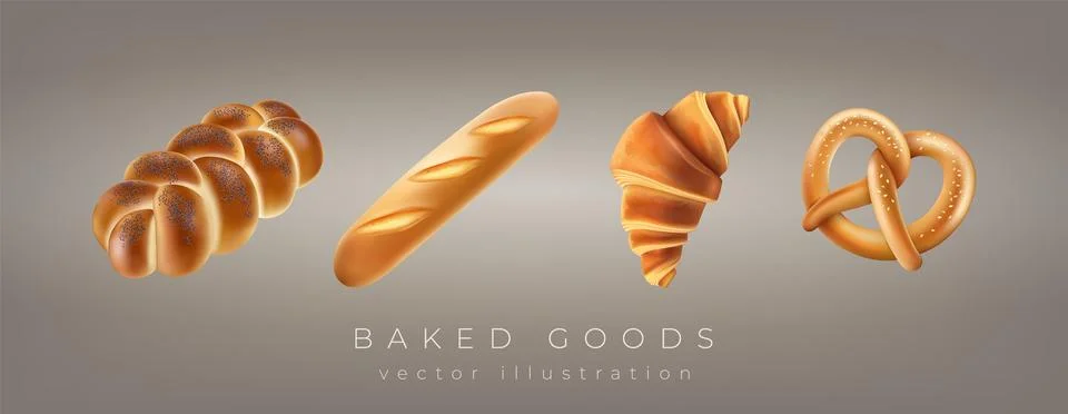 Bakery 3D. Bread food baking symbol. Croissant, baguette and German pretzel.. Stock Illustration