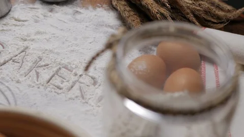 Bakery Accessories Background with bakery text writing on flour. Stock Footage 95735307