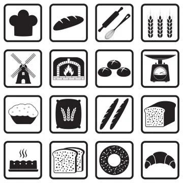 Bakery and bread icons set isolated on white background. Vector illustration. Illustrazione stock