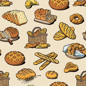 Bakery and bread vector baking breadstuff meal loaf or baguette baked by baker Illustrazione stock