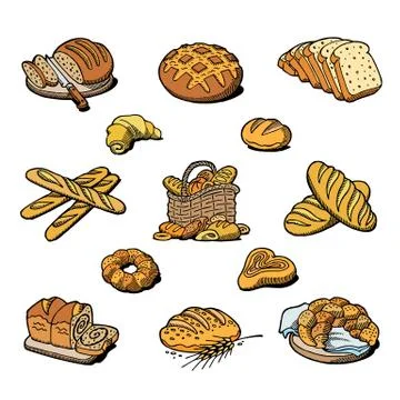 Bakery and bread vector baking breadstuff meal loaf or baguette baked by baker Stock Illustration
