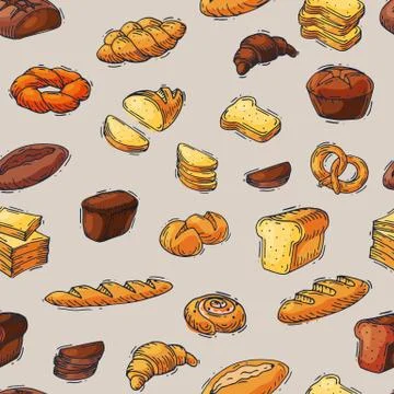 Bakery and bread vector baking breadstuff meal loaf or baguette baked by baker Stock Illustration