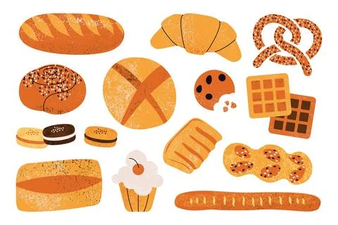 Bakery and pastry set. Bread assortment loafs buns cakes and sweet desserts Stock Illustration