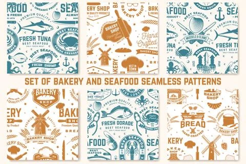 Bakery and seafood seamless pattern or background. Vector illustration. Sea.. Stock Illustration