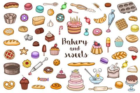 Bakery and sweets doodles Stock Illustration