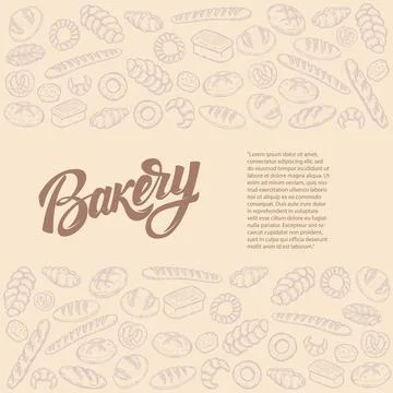 Bakery background with hand drawn bread illustrations. Design element for p.. Stock Illustration