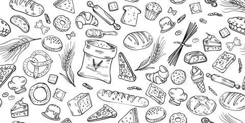 Bakery background. horizontal Hand drawn sketch with bread, pastry, sweet. .. Stockillustratie