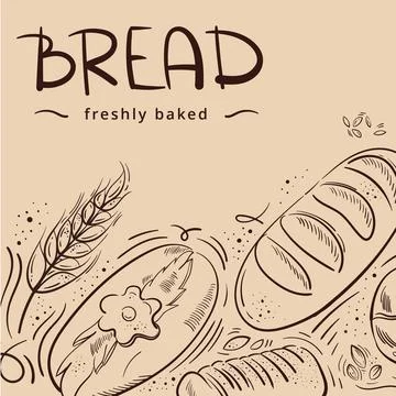 Bakery background. Linear graphic. Bread and pastry collection. Bread house Stock Illustration