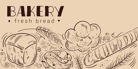 Bakery background. Linear graphic. Bread and pastry collection. Bread house Stock Illustration