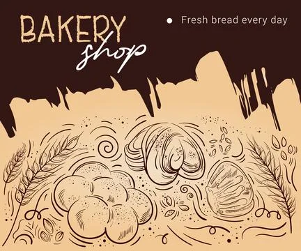 Bakery background. Linear graphic. Bread and pastry collection. Bread house Stock Illustration