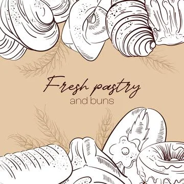 Bakery background. Linear graphic. Bread and pastry collection. Bread house Stock Illustration