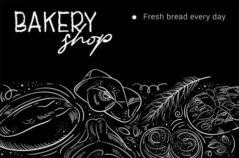 Bakery background. Linear graphic. Bread and pastry collection. Bread house Stock Illustration