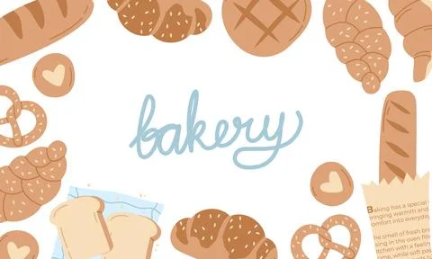 Bakery Background Template with Hand Drawn Bread Frame and Lettering Text Stock Illustration