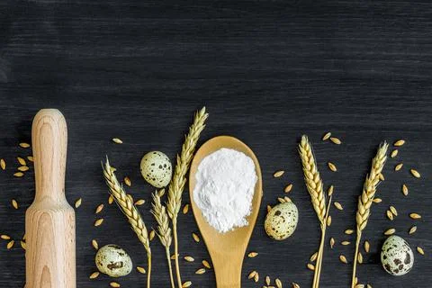 Bakery background top view. Rolling pin, quail eggs and spoon with wheat powder Stock Photos