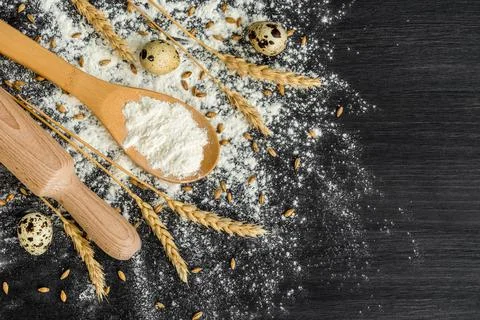 Bakery background top view. Rolling pin, quail eggs and spoon with wheat powder Stock Photos