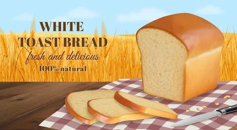 Bakery background. Wheat bread ad. Flour toast. 3D food slices on tablecloth Stock Illustration