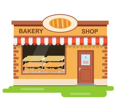 Bakery, bakery building with a showcase of fresh bread. Vector illustration. Stock Illustration