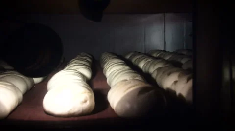 Bakery. Baking Bread. Rows of Long Loaves Moving Slowly on Conveyer Inside the Stock Footage 68621085