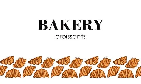 Bakery banner, border of hand-drawn croissants. Horizontal template. Brush .. Stock Illustration