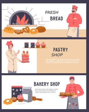 Bakery banner designs set in horizontal posters or flyers. Collection of crea Stock Illustration