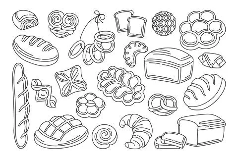 Bakery black icon set Bread doodle baguette vector Stock Illustration