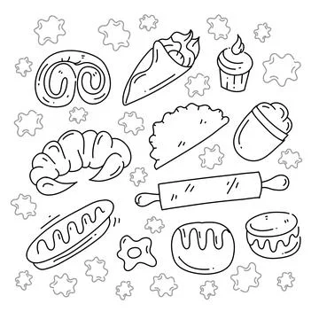 Bakery bread and cake doodle art set bundle for food and drink resources wi.. Stock Illustration