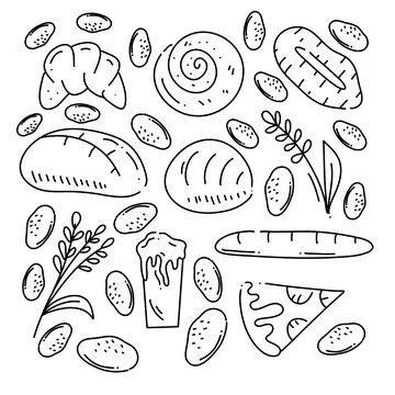 Bakery bread and cake doodle art set bundle for food and drink resources wi.. Illustrazione stock