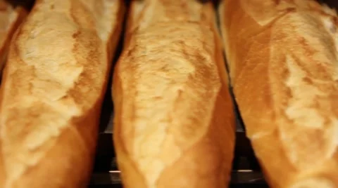 Bakery, bread, flour. Baguette in shop Stock Footage 45449873