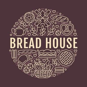 Bakery, bread house poster template. Vector food line icons, illustration of Stock Illustration