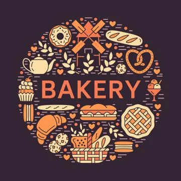 Bakery, bread house poster template. Vector food glyph icons, illustration of Illustrazione stock