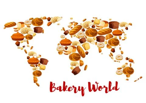 Bakery bread or desserts vector world map Stock Illustration