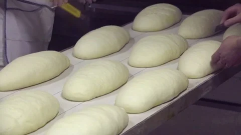 Bakery bread production HD slow-motion video. Bakers cut raw bread loaves Stock Footage 74727562