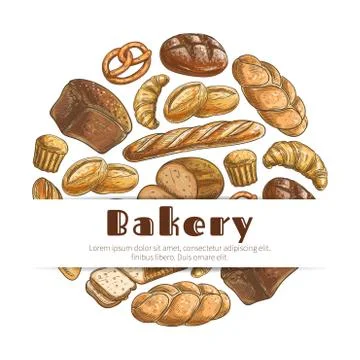Bakery bread sketch round vector poster Stock Illustration