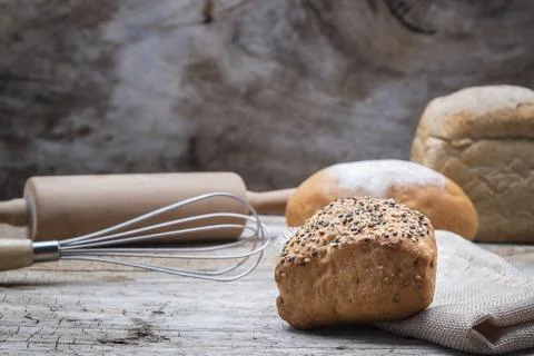 Bakery Bread on a Wooden Table. Stock Photos