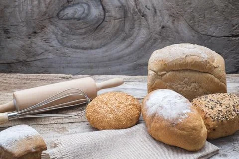 Bakery Bread on a Wooden Table. Stock Photos
