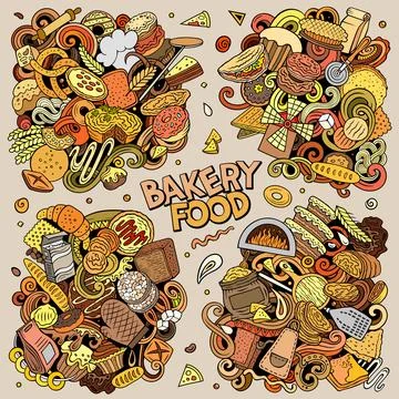 Bakery cartoon vector doodle designs set. Illustrazione stock