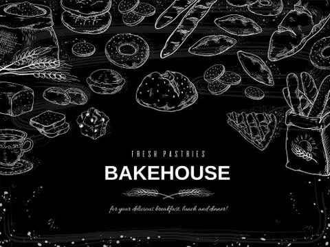 Bakery chalk background. Blackboard bread and cakes banner, hand drawn cookies Illustrazione stock