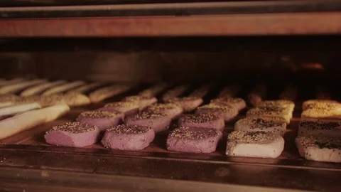 Bakery chef making different various of fresh Artesian buns and baguettes using Stock Footage 270186628