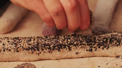 Bakery chef making fresh Artesian buns and baguettes using traditional recipe Stock Footage 270186622