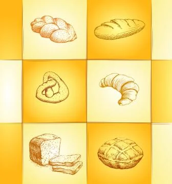 Bakery collection labels pack for bread, baguette, loaf, cake, baked, croissa Stock Illustration