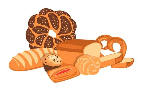 Bakery composition. Different types of bread. Baguette, fresh croissant and Stock Illustration