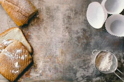Bakery concept. Breads and pastry material Photos