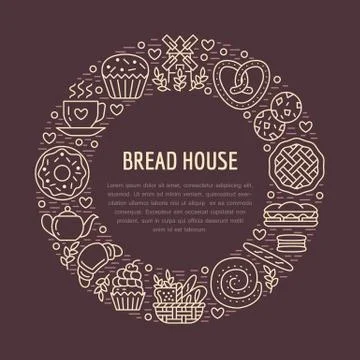 Bakery, confectionery poster template. Vector food line icons, illustration of Stock Illustration