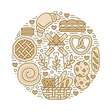 Bakery, confectionery poster template. Vector food line icons, circle Stock-Illustration