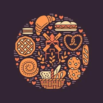 Bakery, confectionery poster template. Vector food glyph icons, circle Illustrazione stock