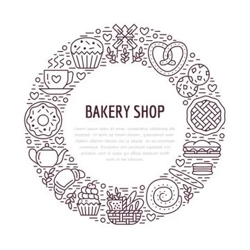 Bakery, confectionery poster template. Vector food line icons, illustration of Stock Illustration