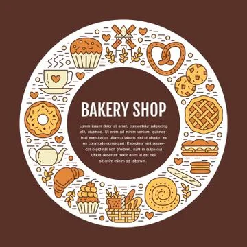 Bakery, confectionery poster template. Vector food line icons, illustration of Illustrazione stock