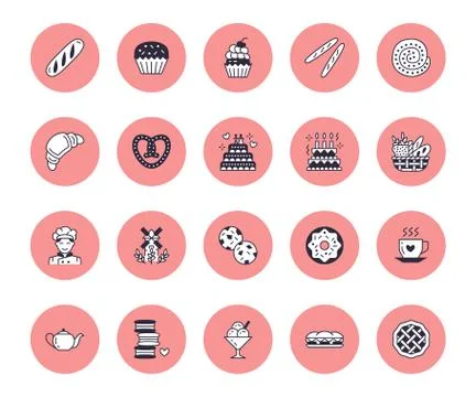 Bakery, confectionery vector flat line icons. Sweet shop goods - cake, croissant Stock Illustration